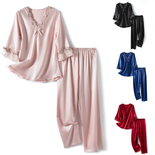 Damen Satin Pyjama Set 3/4 Arm 2-teilig Pyjama V-Ausschnitt Nachtwäsche Rüschen Nachtwäsche - Bild 1 von 44