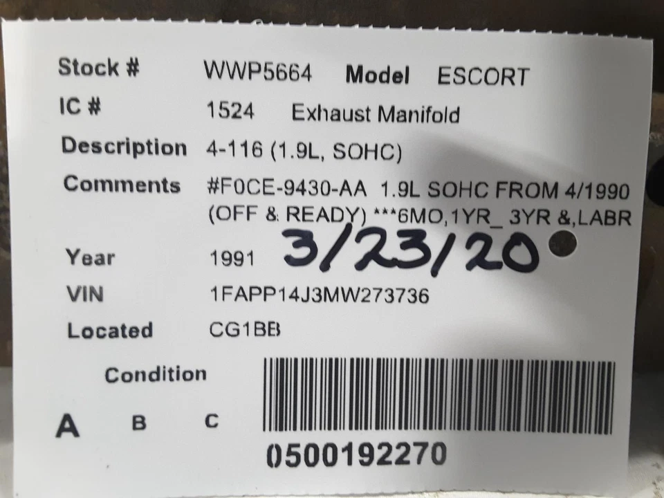 Colector de escape usado se adapta a: Ford Escort 1991 4-116 1,9 L SOHC grado A Foto 4 de 4