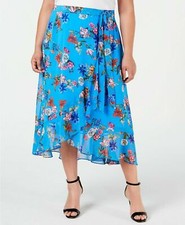 New Calvin Klein Women's Plus Size 18W Blue Floral Faux Wrap Ruffled Skirt