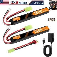 2x7.4V 1500mAh Airsoft Battery LiPo Rechargeable Hobby w/ Mini Tamiya Connector