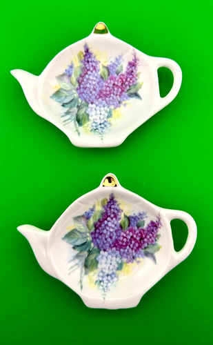 (2) Vintage Porcelain Tea Pot Shaped Tea Bag Holder (tea tidy)/ Purple Lilacs - Picture 2 of 7