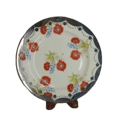 New Anthropologie Red & Blue Floral Design Silver Rim Dessert plate 8" Excellent - Picture 5 of 6