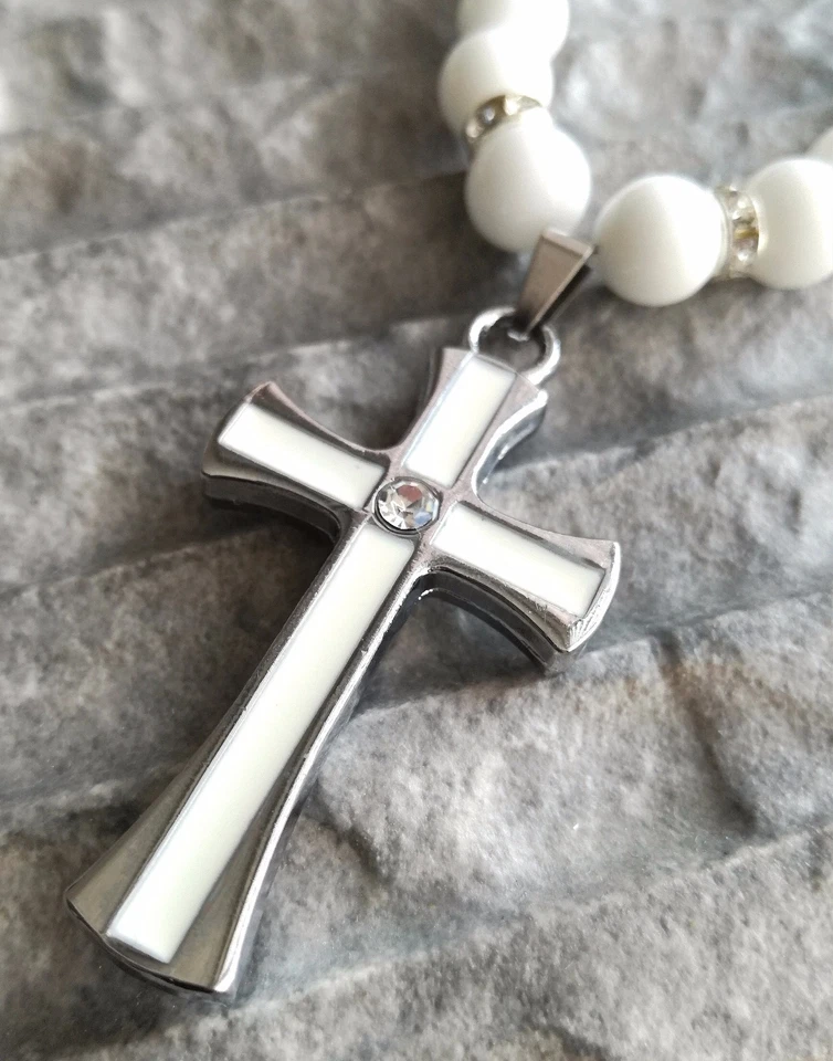 Damenkette Weiße Onyx glanz perlen Kreuz Hämatit Halskette Weisse Rosenkranz - Bild 3 von 4