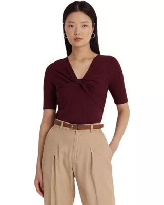 LAUREN RALPH LAUREN NWT Twist-Front Rib-Knit Cotton-Blend TOP Red Size XXL $90