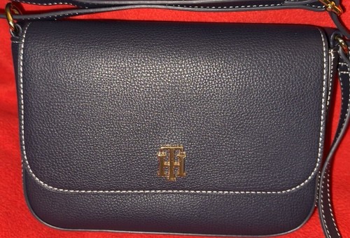 Tommy Hilfiger Crossbody Flap Navy Blue White Thread Purse Bag Adjustable Strap