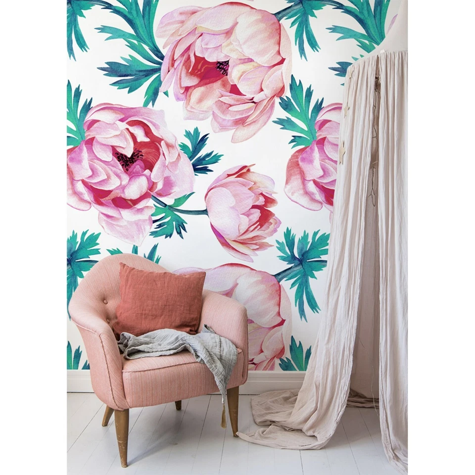 Papel pintado no tejido flor amapola roja floral acuarela calcomanías de pared tradicionales Foto 2 de 4