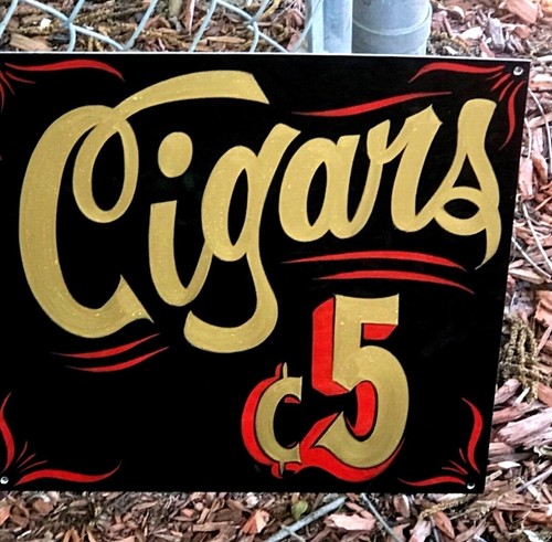 Letrero de tienda publicitaria vintage pintado a mano con letras tabaco de 5 centavos cigarros - Imagen 2 de 7