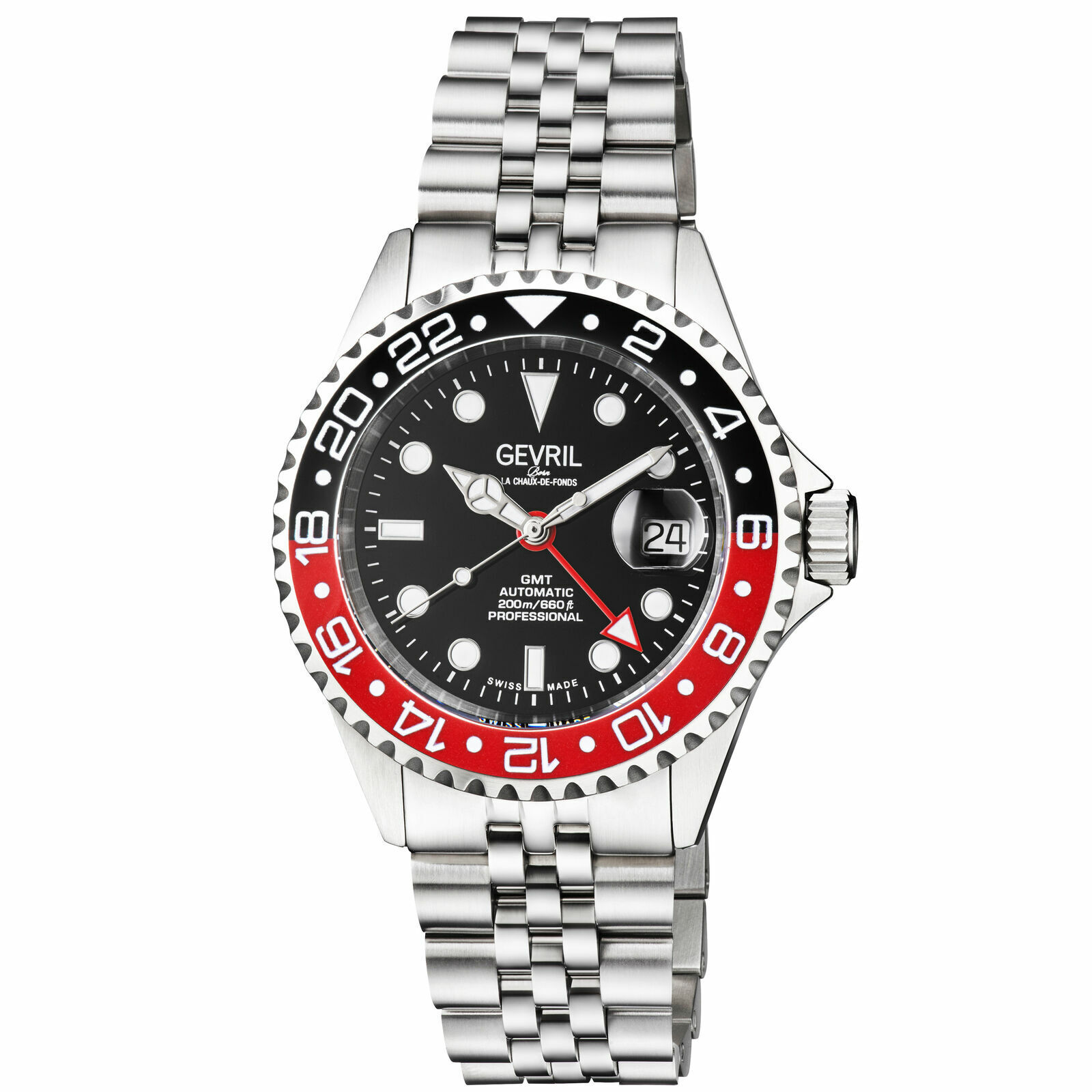 Gevril Men's 4954B Wall Street Swiss Automatic Ceramic Bezel Date GMT Watch