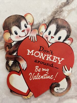 Vtg Valentine Card Two Monkeys  Don t Monkey Around Be Mine  USED 50s
