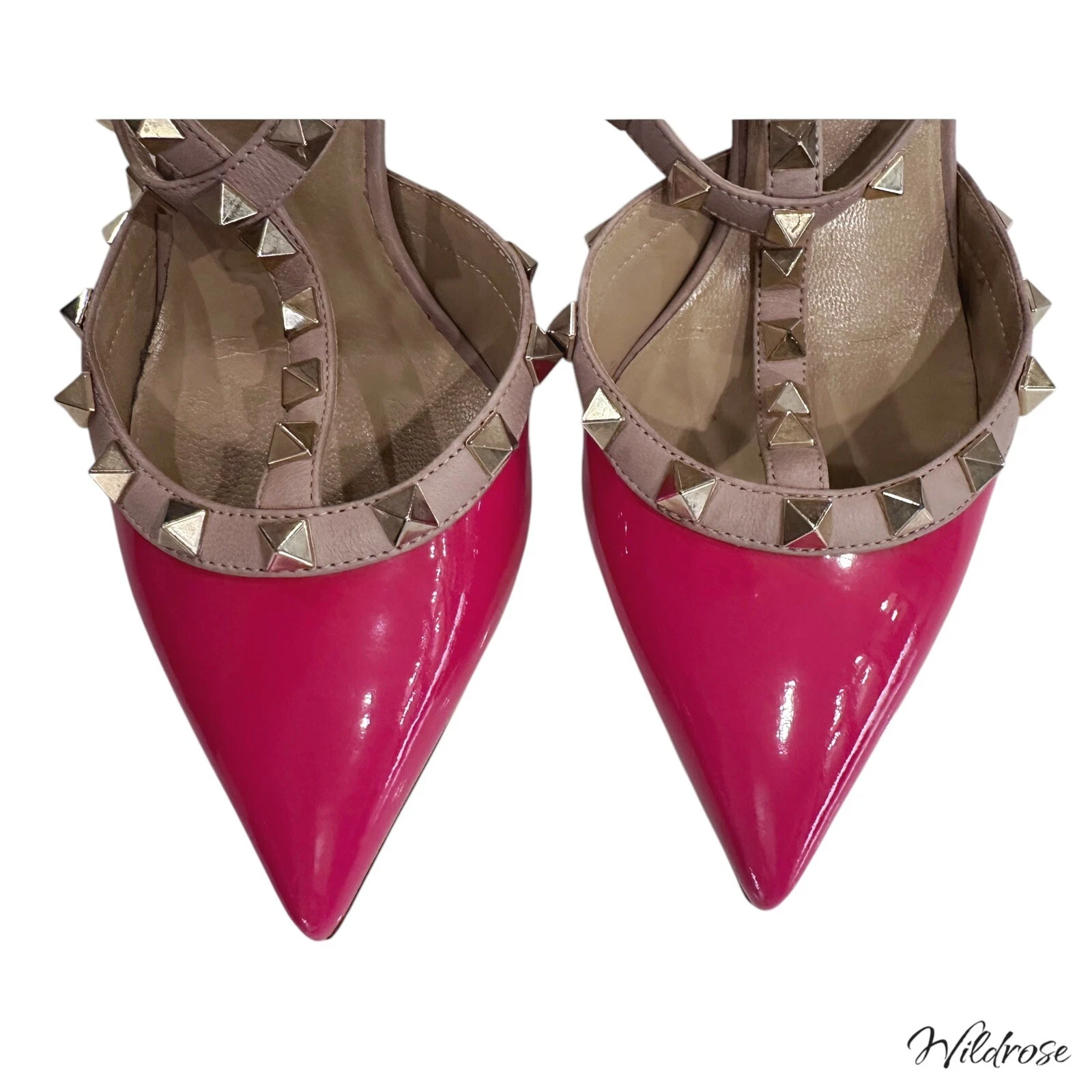 VALENTINO GARAVANI NAPPA VERNICE PELLE ROSA CALDO ROCKSTUD CINTURINO ALLA CAVIGLIA TACCO TG 5