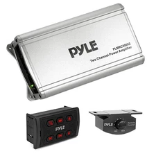 Pyle PLMRC300X2 600W 2Ch Class D Marine Amp Bundle w/ Wireless Receiver Remote