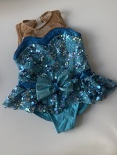 A Wish Come True Girls Blue Sequin Dance Leotard Costume Size SC with Bow