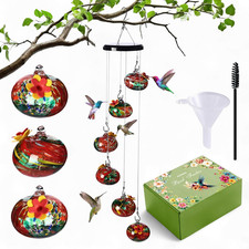 Attract Hummingbirds Glass Feeder Wind Chimes Leak Proof Ant Moat 6 Port Hanging