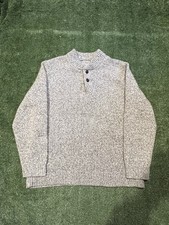 VTG L.L.Bean Gray Lambs Wool Henley Leather Button Grandpa Fisherman Sweater XL