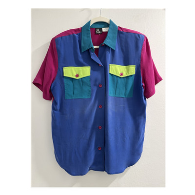 Ali Miles 100% Silk Colorblock Button-Down Collared Blouse Blue Pink Sz 12