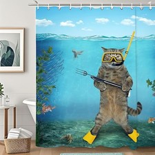 Shower Curtain,Bathroom Shower Curtains Bathtub Home Funny Cat Blue Sea Ocean