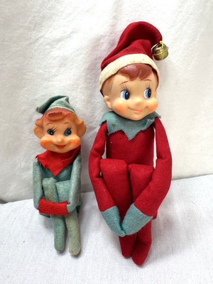 2 Vtg 50's Japan Knee Hugger Pixie Elf Christmas Ornaments Red & Green Figurines