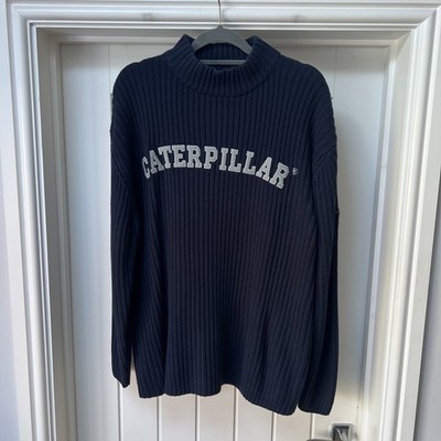 Caterpillar Pullover Herren XL Blau Navy Strick Gerippt Langarm High Neck