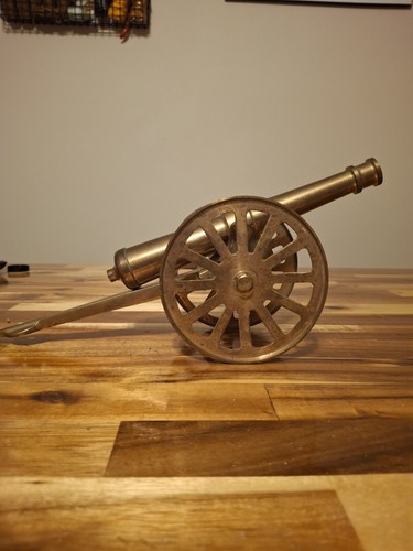 LARGE VINTAGE SOLID BRASS CANNON W/BRASS WHEELS 12 INCH LONG
