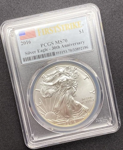 2016 Ms70 Silver Eagle PCGS 1oz Fine First Strike 30th Anniv Spots Toned