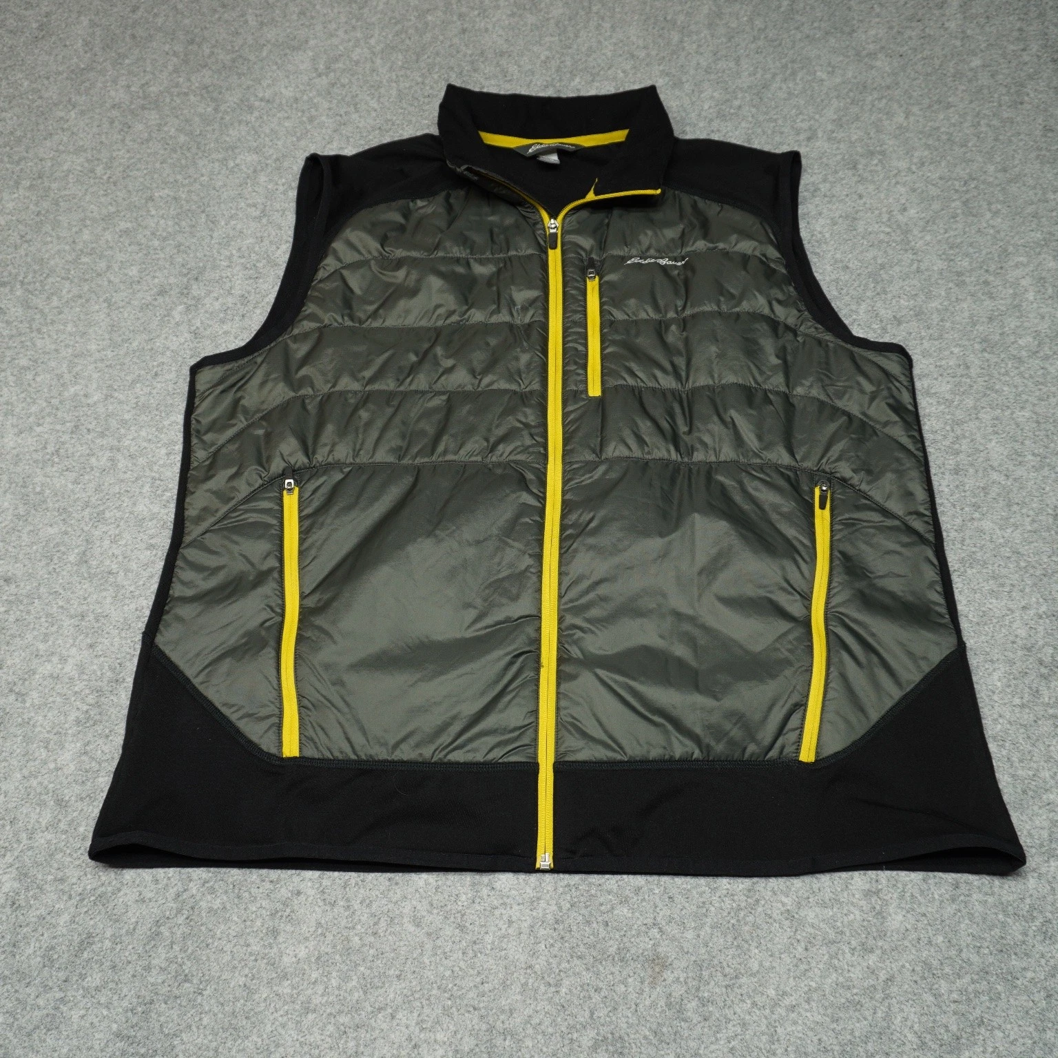 Eddie Bauer Vest Men's Black Gray Yellow XL Insulated Polartec FREEHEAT