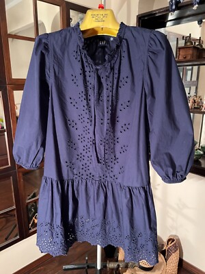 gap balloon sleeve mini dress GAP Balloon Sleeve Eyelet Embroidery Navy Blue Mini Dress 100% Cotton S Petite