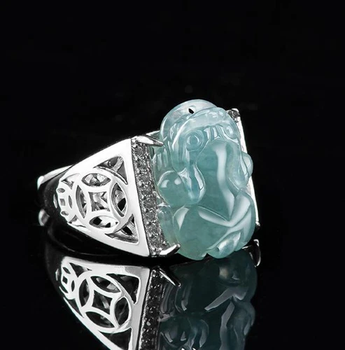 Certified Green Natural A Jade jadeite PiXiu Sterling 925 Silver Man Woman Ring - Picture 11 of 21