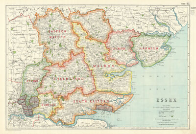 ESSEX. Showing Parliamentary divisions, boroughs & parks. BACON 1919 old map