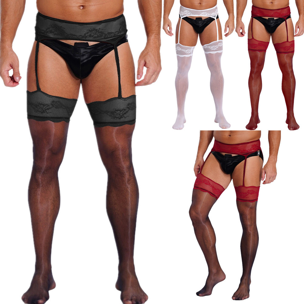 Men Mesh Lace Thigh High Suspender Over Knee Stockings Sissy with Garter  Belt | eBay