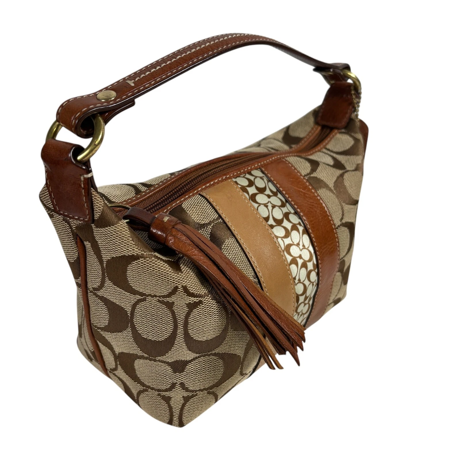 Borsa hobo vintage Coach autentica firma C marrone a righe con nappa e chiusura zip