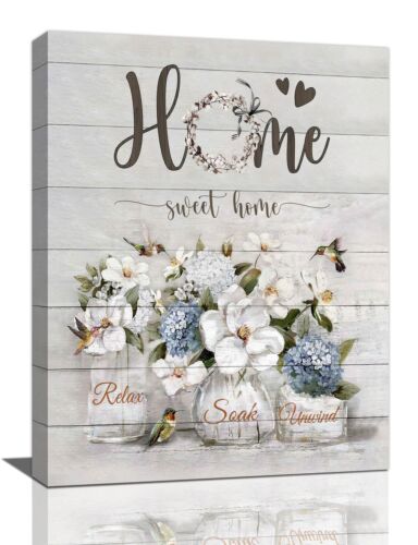 Farmhouse Flower Bathroom Decor Wall Art Rustic Hummingbird White Floral Pict...