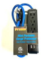 Power Strip Surge Protector 3 AC Outlets and 2 USB Charger 3" Cord Blue ProGlo