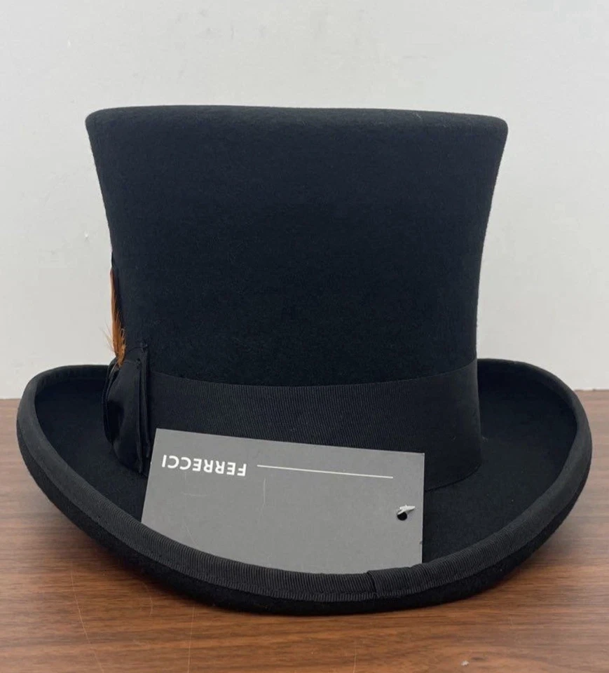 Ferrecci USA Men's Black Top Hat w/ Orange Feather & Box - Size M New - Image 4 of 4