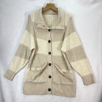 Banana Republic Tan/Cream Merino Wool Chunky Knit Stripe Cowl Neck Cardigan XL