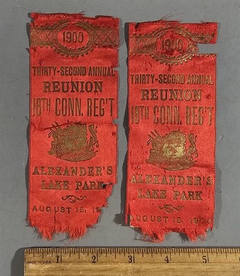 TWO 1900 32nd ANNUAL REUNION 18th CONN. REGT. RIBBONS ALEXANDER'S LAKE PARK