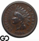 1864-L Indian Head Cent Penny, Strong Re-Punched Date, L On Ribbon