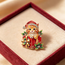 Cute Enamel Cat Brooch Orange Gift Box Gold Tone Sweet Holiday Style Pin