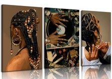 3Pcs Black Woman Canvas Wall art Boho Fashion Black Girl Painting Picture Wal...