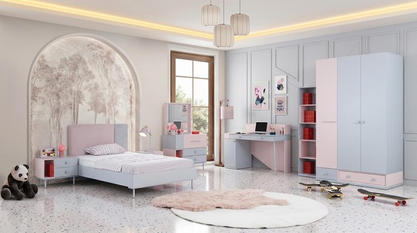 Hellgraues Jugendzimmer Bett Kleiderschrank Kommode Schreibtisch BüCherregal-image