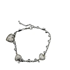 Heart Charm Bracelet Anklet Silver Tone 18KGP Adjustable 9-10 inches