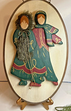 Vintage Wooden Folk Art Couple Wall Hanging Winter Holiday Country Decor