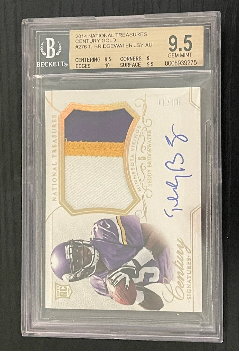 Teddy Bridgewater Panini National Treasures #276 Century Material Autograph-Gold