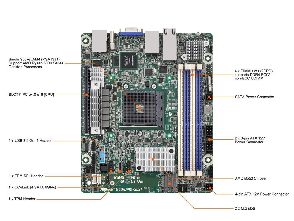 AsRock Rack B550D4ID-2L2T Deep mini-ITX Server Motherboard AMD Ryzen 5000 Series - Image 2 of 4