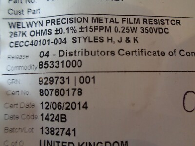 RC55Y WELWYN PRECISION 0,1 % WIDERSTÄNDE 10R (Ω) 18K2 (Ω) 267K (Ω) UKSTOCK