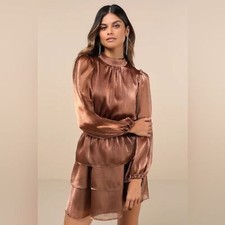 NWT Lulus Dress Ideal Behavior Bronze Metallic Backless Tiered Mini Dress Small
