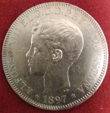 PHILIPPINES 1897 Silver Peso One Year Type. Crown size sharp details example!
