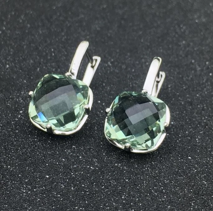 Pendientes Amatista Verde, Pendientes Colgantes Amatista Verde Natural, Piedra Corte Cojín Foto 2 de 4