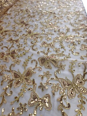 Gold Butterfly Design Lace Embroidered Sequins Fabric Sold By The Yard Prom