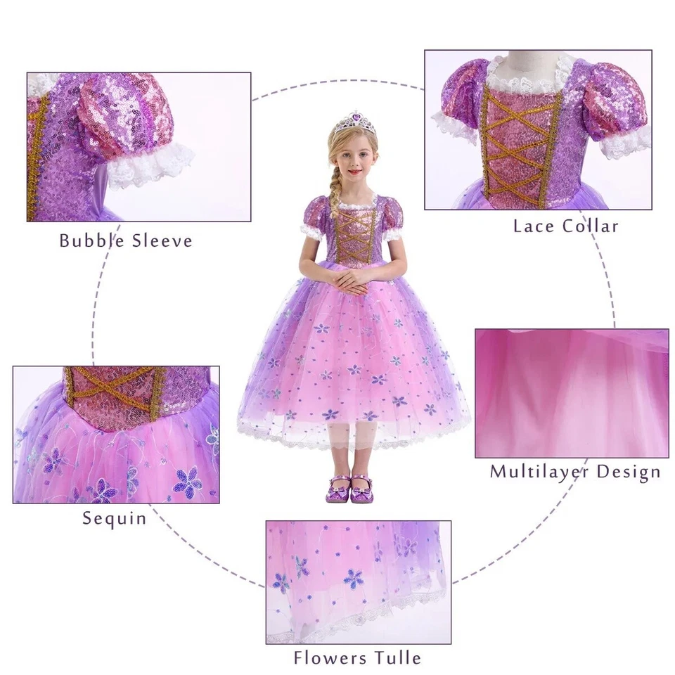 Girls Rapunzel Costume Princess Dress Up & Accessories for Birthday Fancy Party - Image 2 of 4