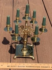 VTG Brass Candelabra 6 Arms Claw Feet Spins 11x15 7 Green Lit Candles Incl NICE
